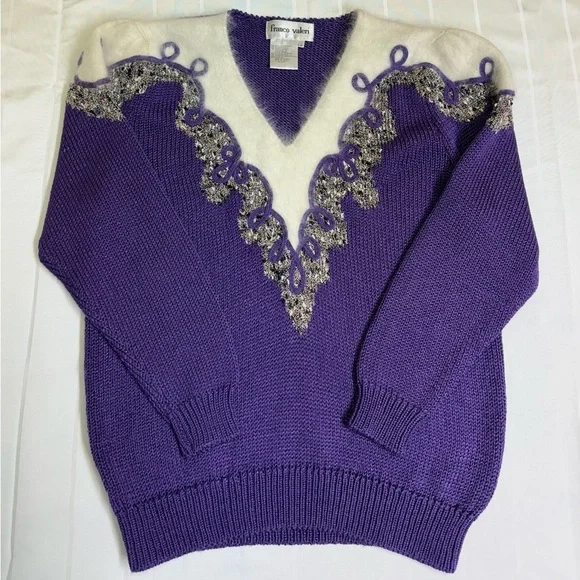 VTG Franco Valerie Angora Rabbit Blend embellished V-Neck Sweater Purple - Picture 1 of 12